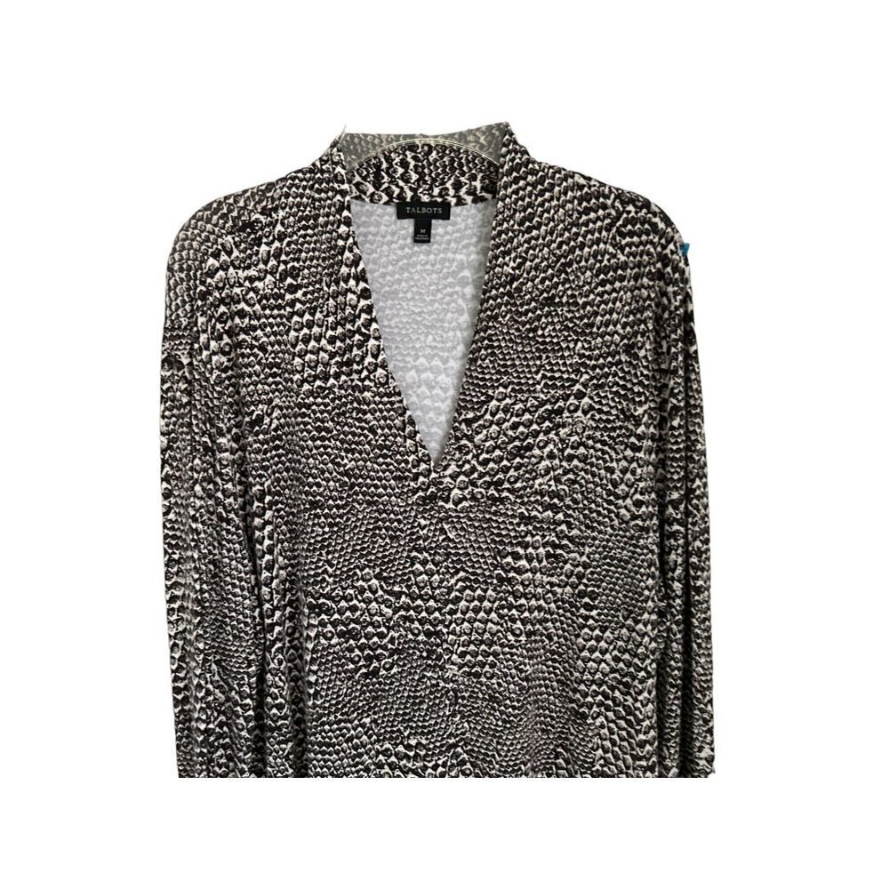 TALBOTS Blouse Tunic Lizard Black White Print V-Neck Size Med